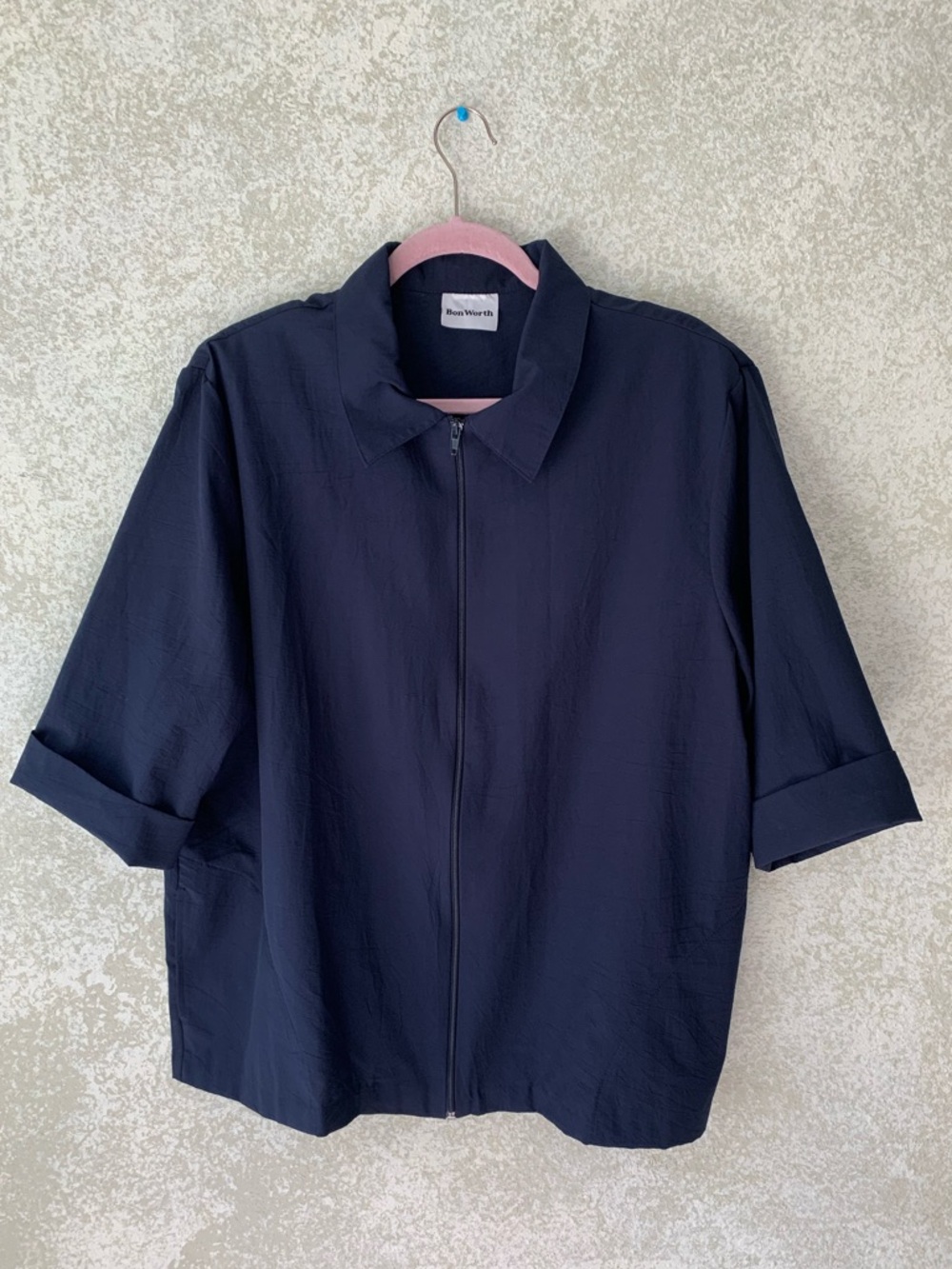 Bon Worth Navy Zip-Front Collared Jacket XL 3/4 Sleeves Lightweight